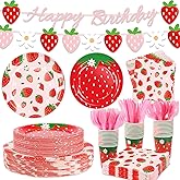 OuMuaMua 177Pcs Strawberry Birthday Party Plates Napkins Banners Supplies Summer Fruit Disposable Tableware Set for Girls Berry First Sweet One 1st Baby Shower Strawberry Theme Decorations, Serves 25