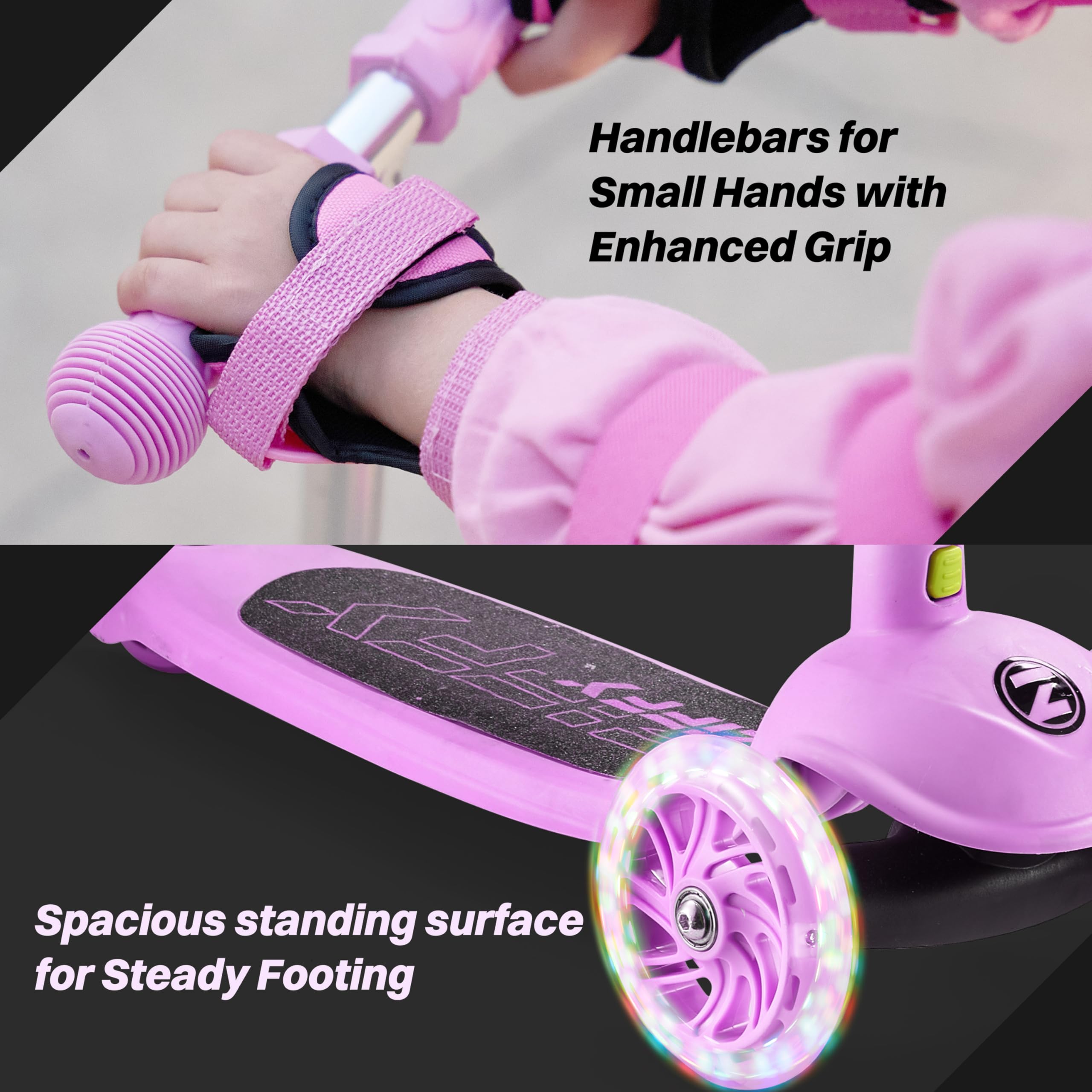 ZIFFY 3-Rad-Kinderroller 3–5 Jahre – Blau/Grün/Pink/Violett – LED-Leuchträder, Neigelenkung, Hinterradbremse – Höhenverstellbarer Lenker 44–61 cm – 1,8 kg, schnell zerlegbar 6