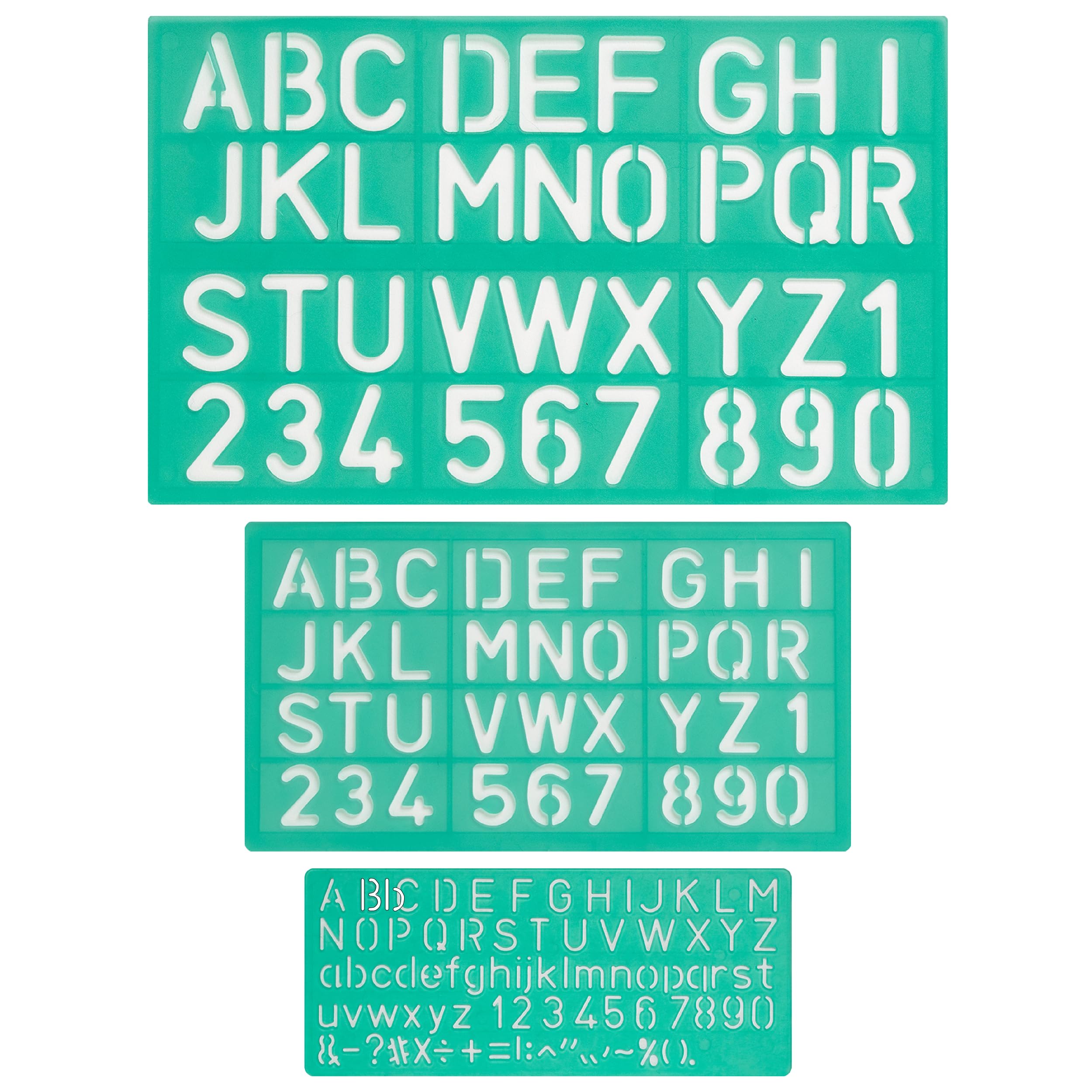 Linex Letter & Number Stencil Set 10-20-30mm – Pack of 3 Plastic Alphabet Templates with Upper & Lower Case, Numbers & Symbols, Transparent Green