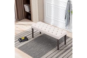 Yoluckea Modern Velvet Bench Upholstered Ottoman Dining Bench with Nailhead Trim Tufted Footstool for Entryway Bedroom Kitchen Dining Table (Beige)