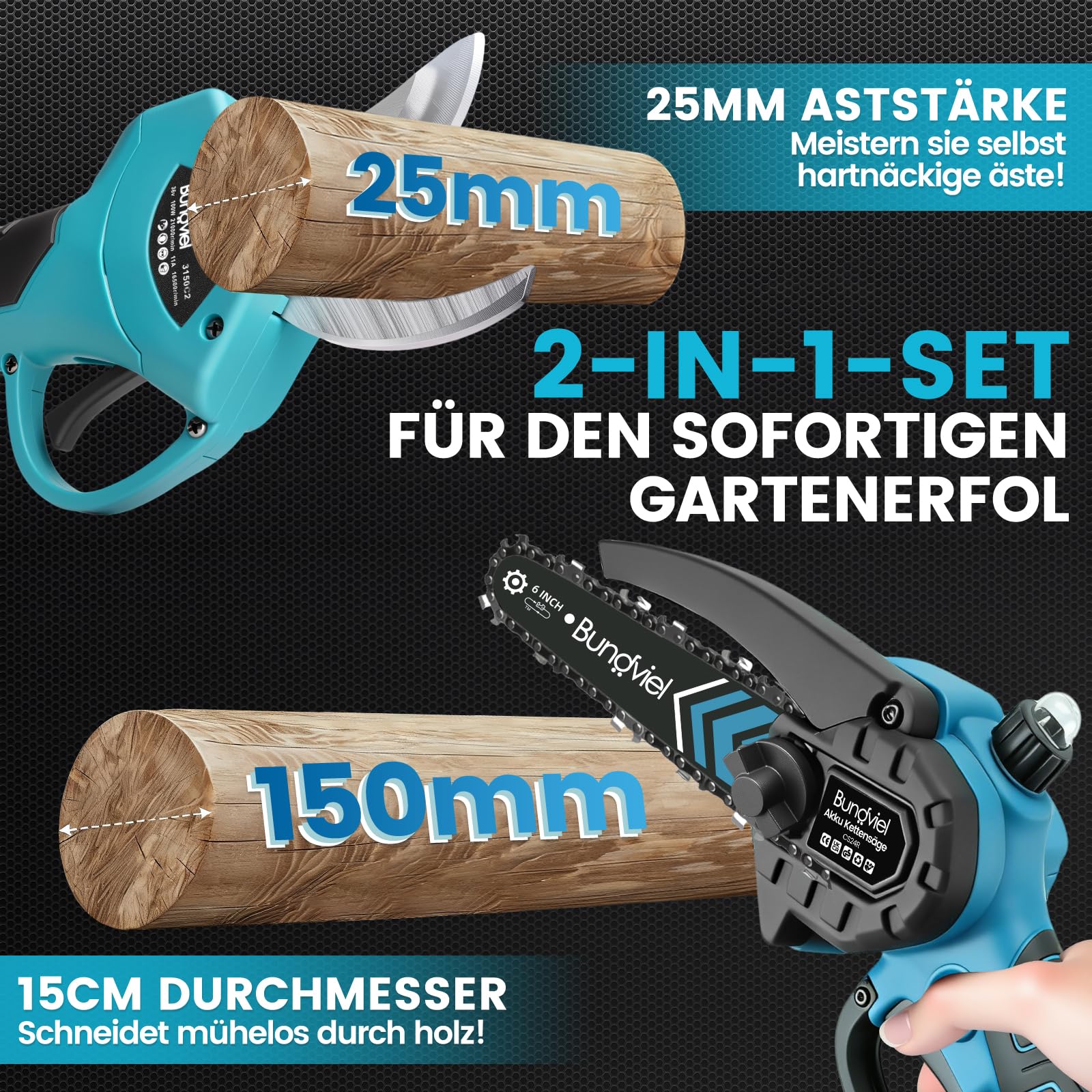 Bundviel 4-in-1 Akku Hochentaster kompatibel mit Makita Akku, Bürstenloser 6 Zoll Mini Kettensäge & 25mm Elektrische Gartenschere 2x 4.0Ah Akku, bis 235,5cm Teleskopstange für Garten Baumschnitt 5