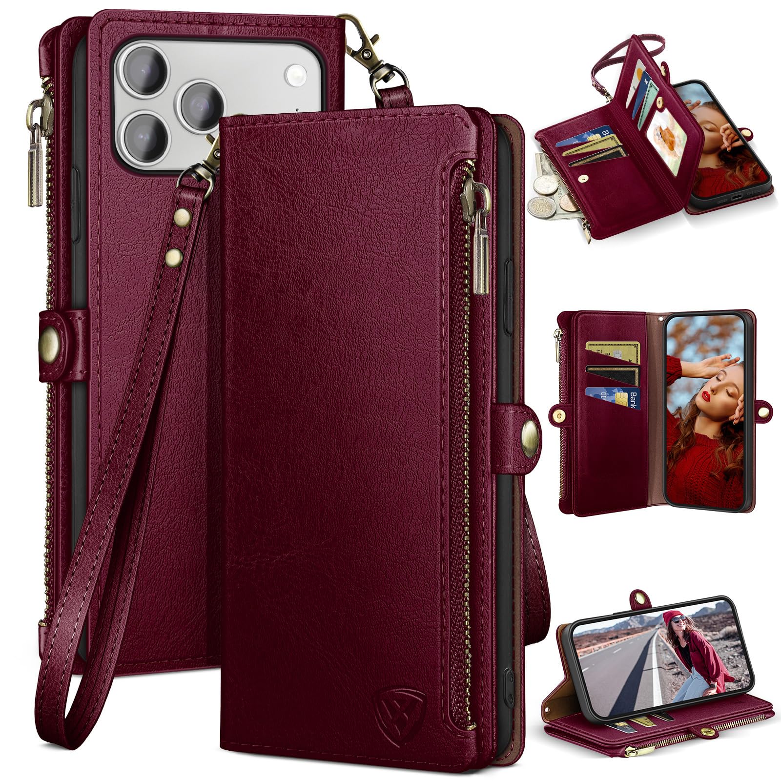 Photo 1 of **MISSING WRIST STRAP**XcaseBar compatible with iPhone 17 Pro 6.3" Wallet case with Zipper Credit Card Holder?RFID Blocking?,Flip Folio Book PU Leather Phone case Shockproof Cover Women Men for Apple 17 Pro case Wine Red