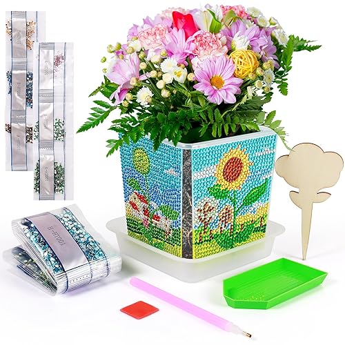 Annickee 5D Diamond Painting Plant - DIY Potted Diamond Art Craft Painting Kits Full Drill, Art Craft Painting with Bottom Bracket, Diamond with Wooden Rose Label