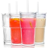 Icesip 20 oz 4 Pcs Glass Cups with Lids and Straws Ribbed Iced Coffee Glasses Tumbler Vintage Drinking Glasses Set of 4 for Tea Juice Soda Smoothie(Ribbed A*4 with Lid)