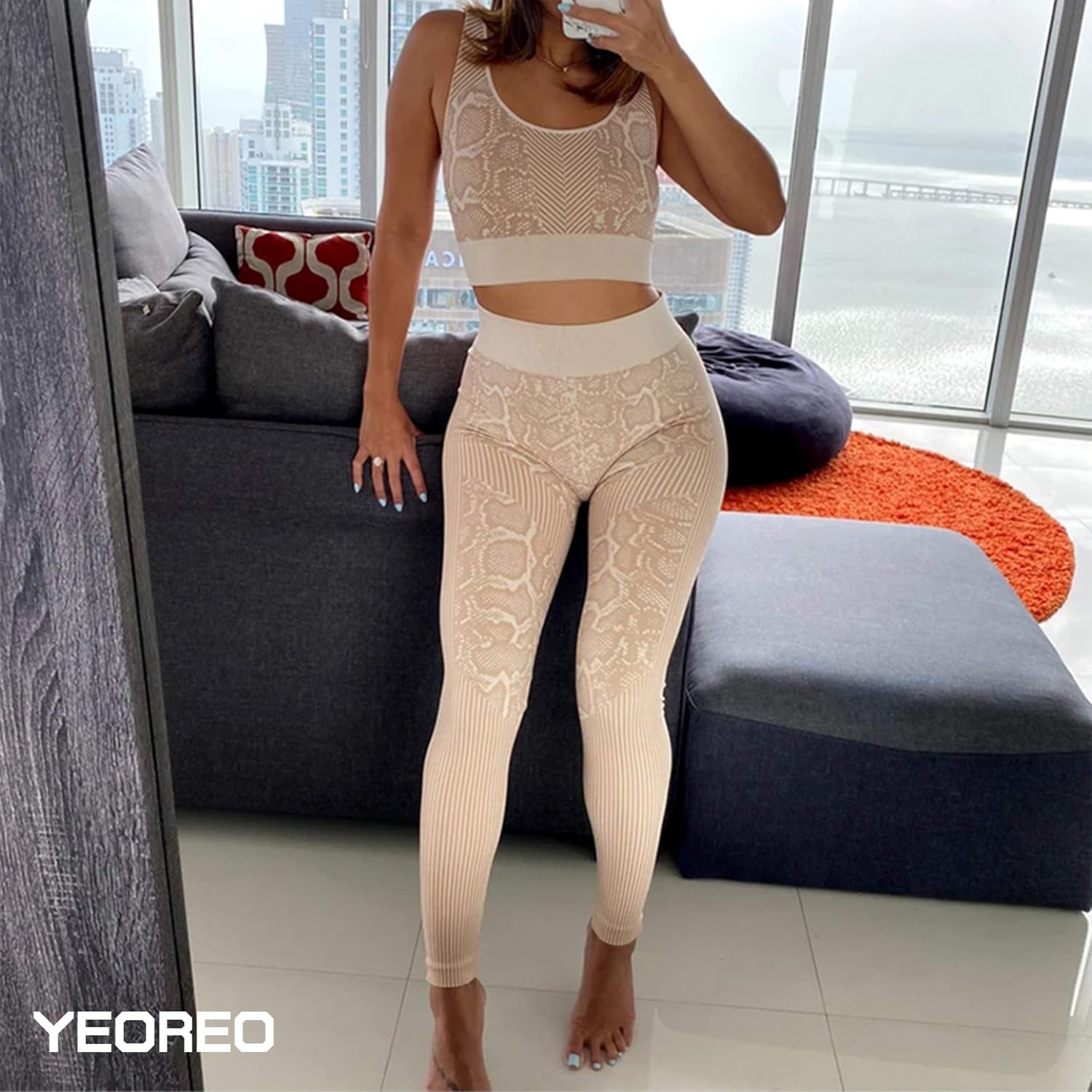 YEOREO Yoga Outfit for Women Seamless 2 Piece Workout Gym High Waist Snake Print Leggings with Sport Bra Set at  Women’s Clothing store