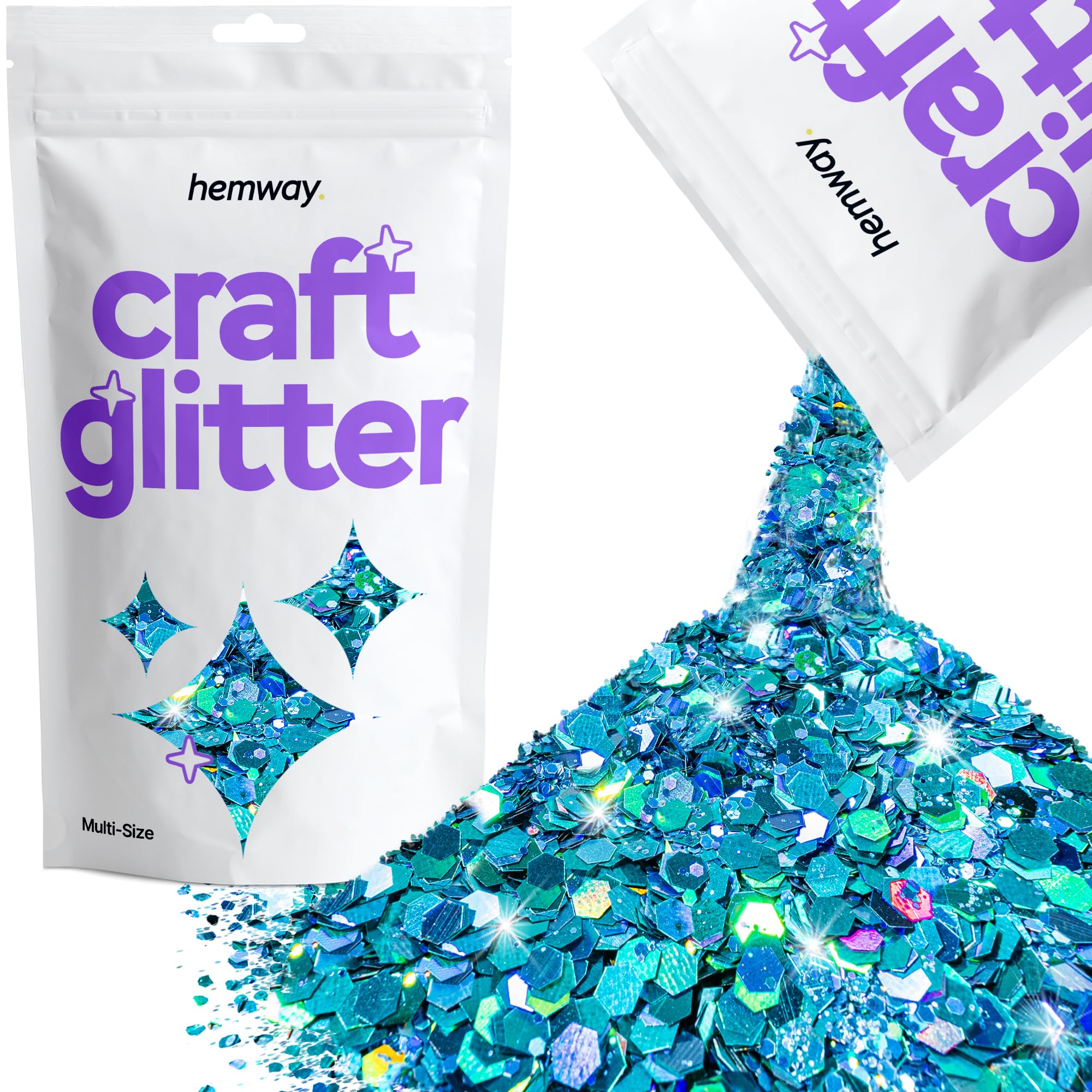 Hemway Craft Glitter Ocean Blue Holographic 100g Multi Size Glitter for Crafts, Resin, Cosmetic, Nail, Face, Body, Festival, Tumblers, Art, Candle, Crafting