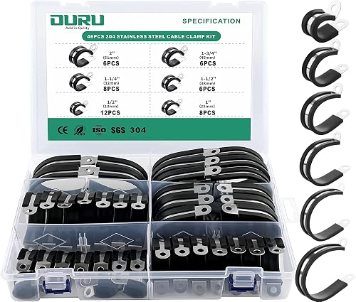 OURU 50-Pack 1-1/4 Inch Rubber-Coated Cable Clamps – 304 Stainless Steel, Insulated P-Clamps For Wire, Hose & Tube (32mm)
