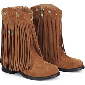 Choiran Girls Cowgirl Boots with Fringe - Western Cowboy Boots for Girls Toddler Little Big Kids, Non-Slip Round Toe Side Zip