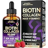 Liquid Biotin & Collagen 60,000 mcg - Vitamins for Hair Growth Support - Extra Strength Drops for Women & Men - Liquid Collagen Supplement - Strong Nails & Healthy Skin - Made in USA - 2 Fl Oz