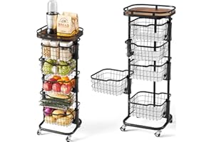 Ocyfym 5 Tier Kitchen Fruit Vegetable Storage Cart with One-Piece Rotating Basket, Pantry Organizer Shelf Rack Floor Stand for Veggie Onion Potato Produce Spice, Rolling Snack Cart on Wheels, Black