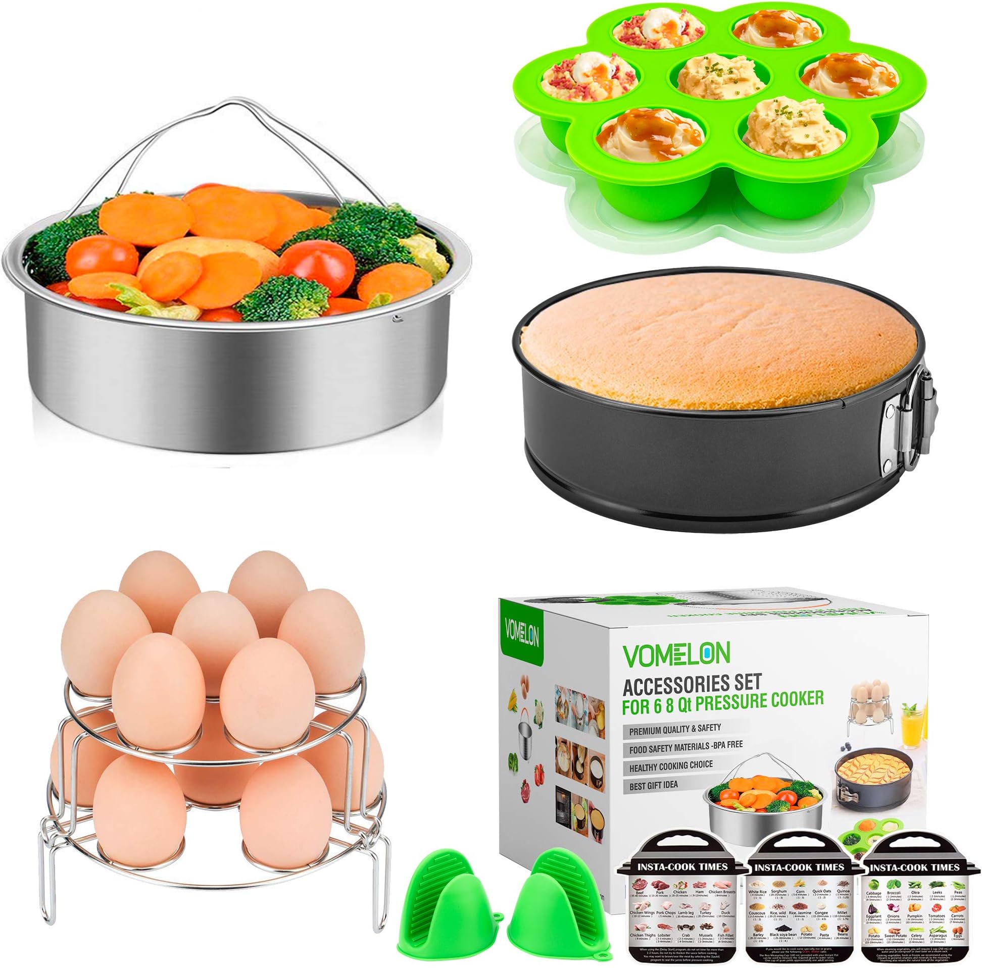 Cooking Accessories compatible with Instant Pot 6,8 Qt, 10-Piece Steamer Basket, Egg Bites Mold,7" Springfrom Pan,Egg Steamer Racks,Magnetic Cheat Sheets and Oven Mitts Bonus Recipes Ebook