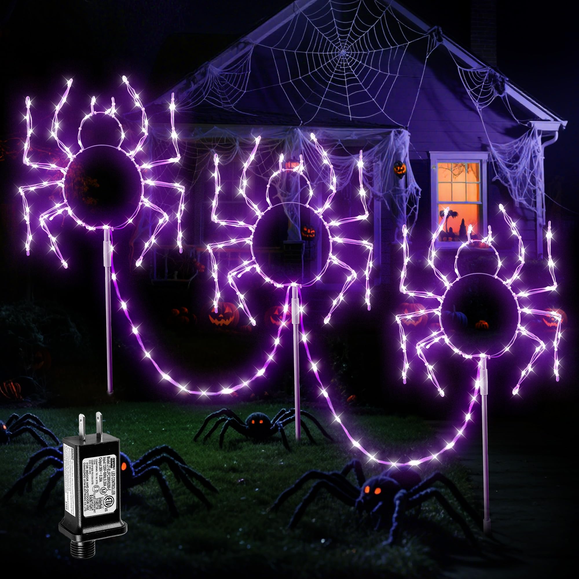 Photo 1 of MYGOTO Halloween Spider Pathway Lights, 3 Pack 250 LED Purple Decorations Outdoor Metal Stake Lights, 8 Modes Memory Timer Waterproof Plug in Light String for Walkway Yard Lawn Garden Halloween Décor