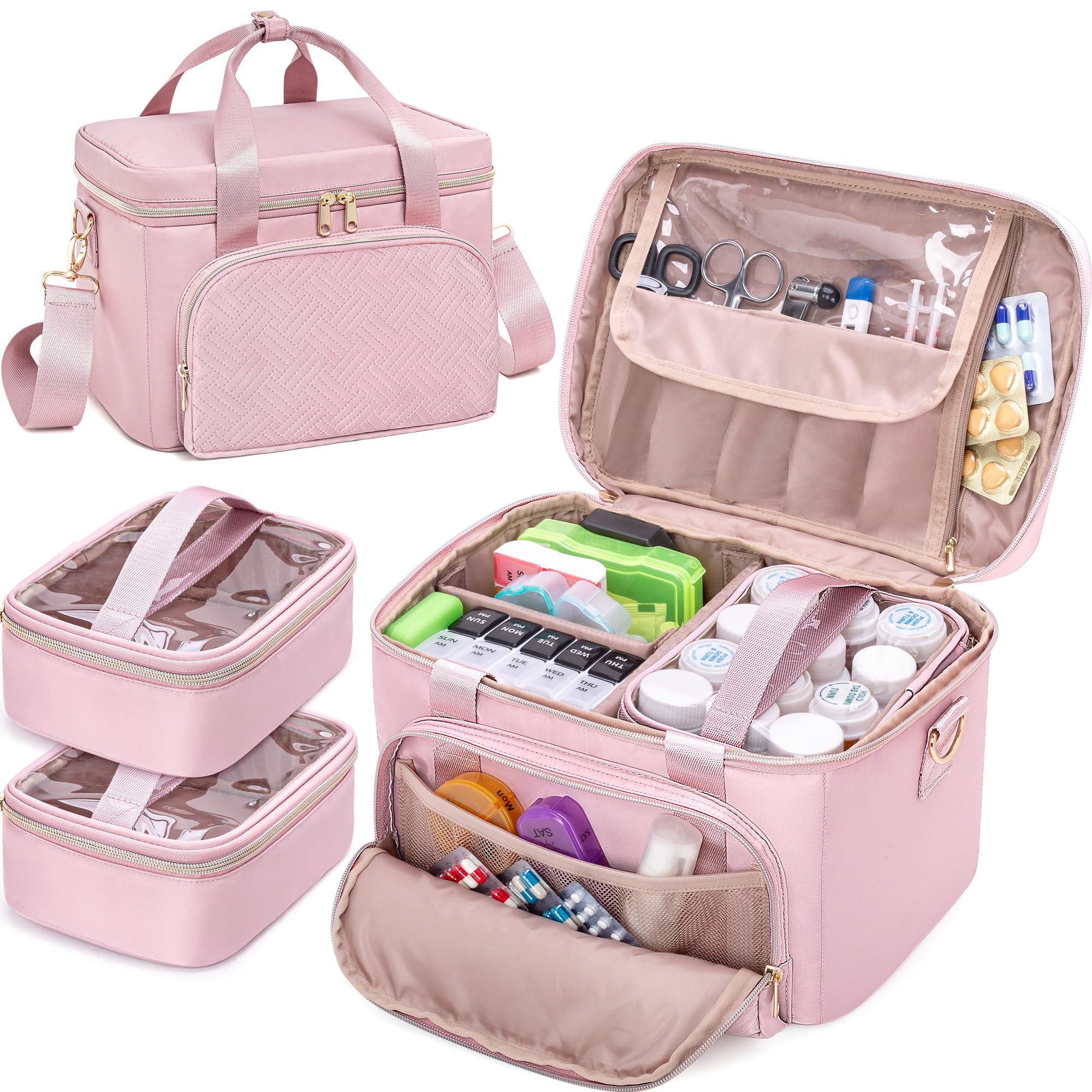 Prokva Medical Bag with 2 Medicine Storage Bags, First Aid Bag Empty, Pill Bottle Organizer for Travel, Home Healthcare, Pink
