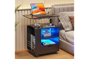 HNEBC LED Nightstand with Wireless Charging Station,Black Nightstand Has Adjustable Rotary Table,Bedside Tables with One Drawer and 2 Mezzanines/Infrared Induction 3 Color Lighting (On The Left)