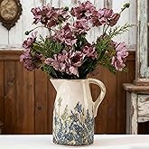 Navy Blue and Green Vintage Ceramic Floral Pitcher Vase, Rusitc Farmhouse Beige Decorative Flower Vase for Home Decor, Living Room, Rustic Table Centerpiece, Grand Millenial & Tuscan Decor 7.3 in