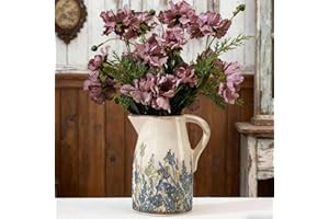 SURE YUESI Navy Blue and Green Vintage Ceramic Floral Pitcher Vase, Rusitc Farmhouse Beige Decorative Flower Vase for Home Decor, Living Room, Rustic Table Centerpiece, Grand Millenial & Tuscan Decor 7.3 in