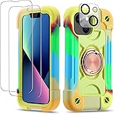 Cookiver for iPhone 13 mini/iPhone 12 mini Case 5.4 Inch with Ring Stand, with 2 Pack Glass Screen Protector + 1 Pack Camera Lens Protector,Heavy-Duty Military Grade Cover (Rainbow Green)
