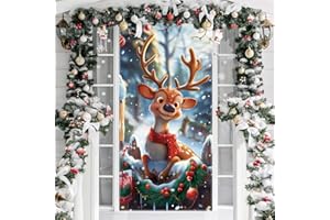 FINGOOO Christmas Door Cover Reindeer Decorations, 6Ft x 3Ft Cute Front Door Xmas Decorations Festive Fabric Door Covers Photo Booth Props
