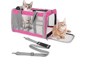 TIYOLAT Pet Carrier for Large Cats of 20 Lbs, Collapsible Carrier Bag for Big Cat or 2 Kittens,Soft Sided Puppy Carrier with Sturdy Travel Transport Strap, Adequate Ventilation, 4 Mesh Windows (Pink)