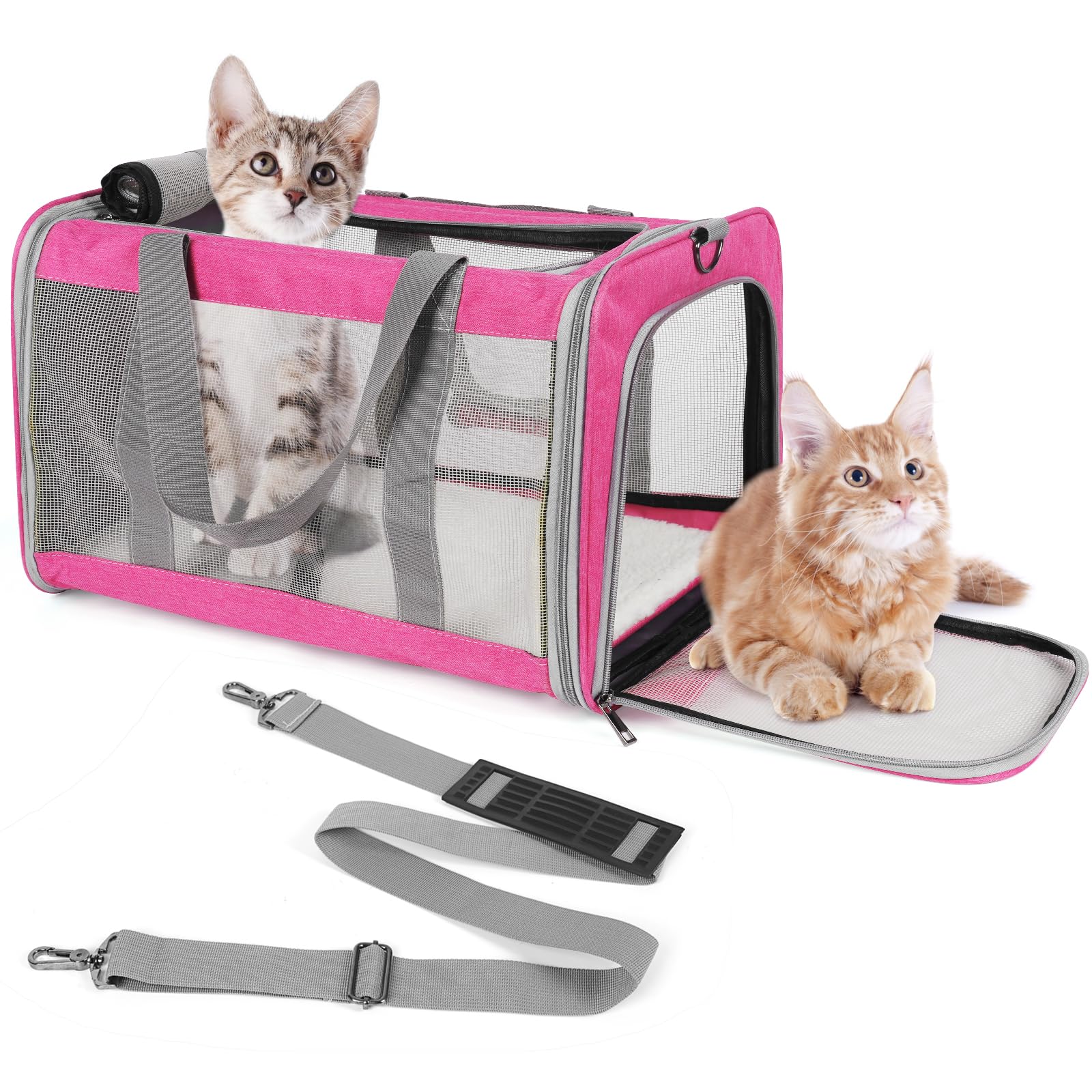 TIYOLAT Pet Carrier for Large Cats of 20 Lbs, Collapsible Carrier Bag for Big Cat or 2 Kittens,Soft Sided Puppy Carrier with Sturdy Travel Transport Strap, Adequate Ventilation, 4 Mesh Windows(Pink)