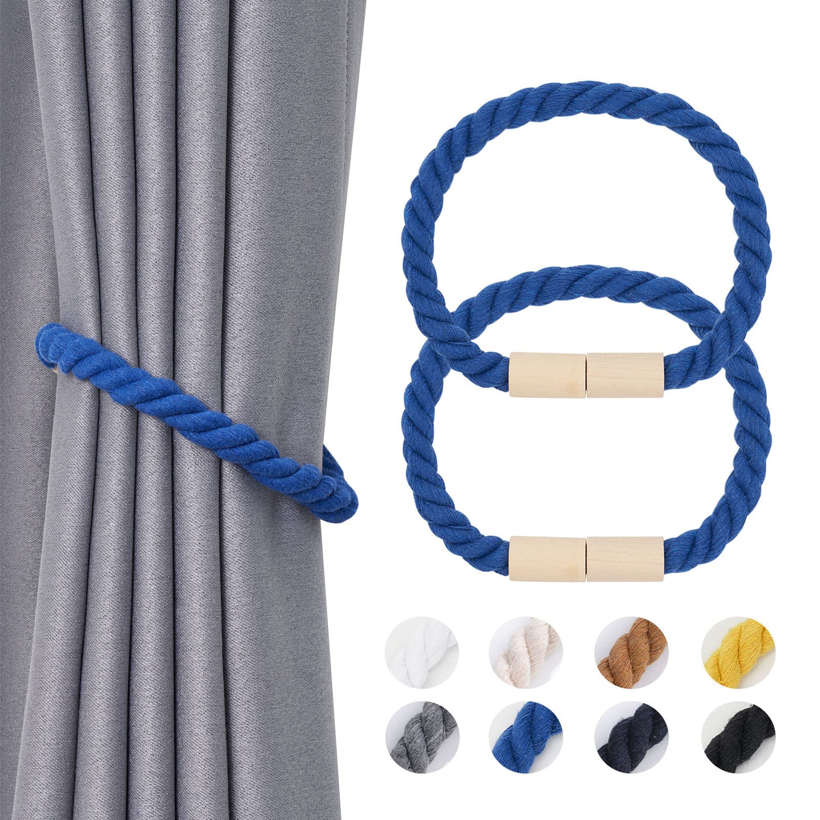Pretty Jolly 2 Pack Wooden Magnetic Curtain Tiebacks Boho Home Decoration Drape Tie Backs Natural Cotton Handmade Rope Curtain Holdbacks for Thin or Thick Home & Office Window Drapery (Light Blue)