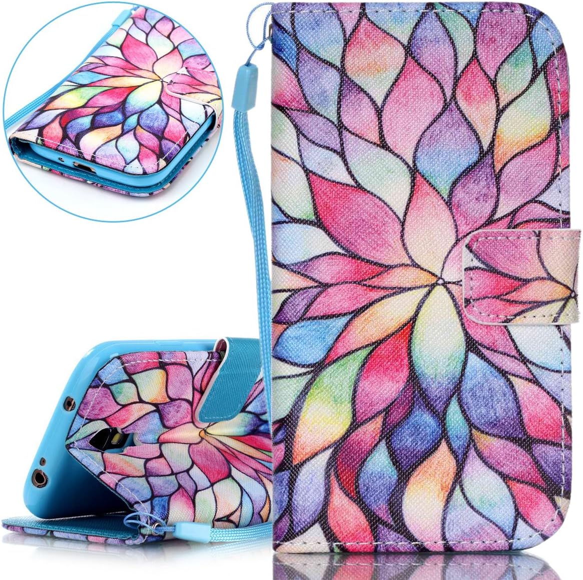 Samsung Galaxy S4 Case, Samsung Galaxy S4 Flip Case, ISAKEN Samsung Galaxy S4 Cover with Strap, Samsung Galaxy S4 Wallet Cover, Luxury Elegant Printing Drawing Design Pattern PU Leather Magnetic Stand Case Credit Card Slot Flip Protective Stand Case Cover for Galaxy S4 - colorful lotus