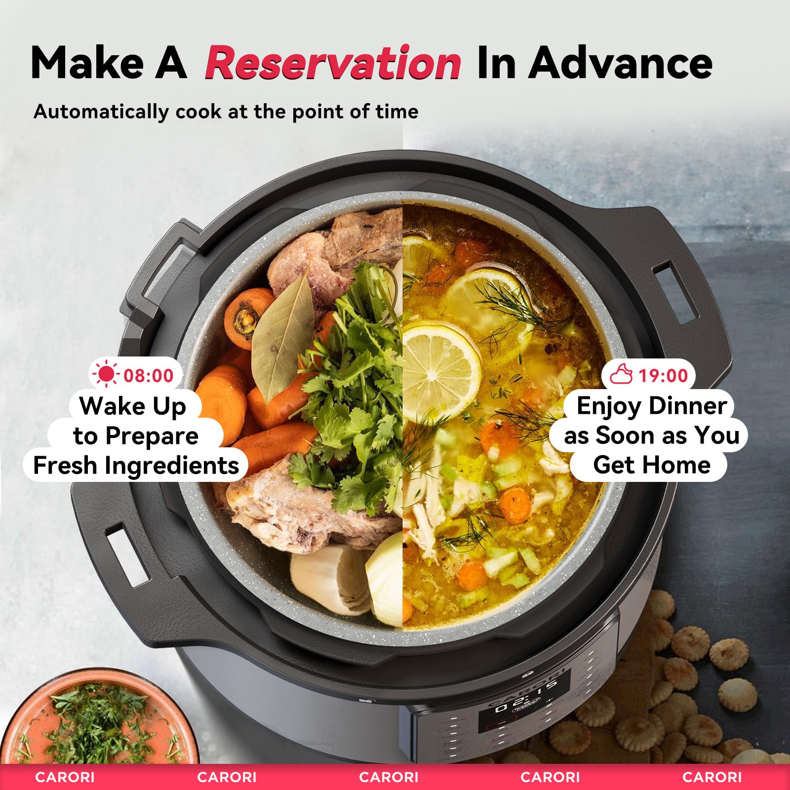 CARORI Olla a presión eléctrica 12 en 1 de 1200 W, 8 cuartos, olla a presión de acero inoxidable, olla arrocera de cocción lenta, salteado al vapor, yogurtera, calentador y esterilizador con receta, diseño de ventilación más seguro, plateado