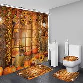 Yddsky 4Pcs Thanksgiving Day Fall Maple Shower Curtain Sets for Bathroom | Bathroom Shower Curtain Set with 12 Hooks Bath Mat Toilet Cover U Mat,72x72 Inches,Waterproof,Bathroom Accessory Sets