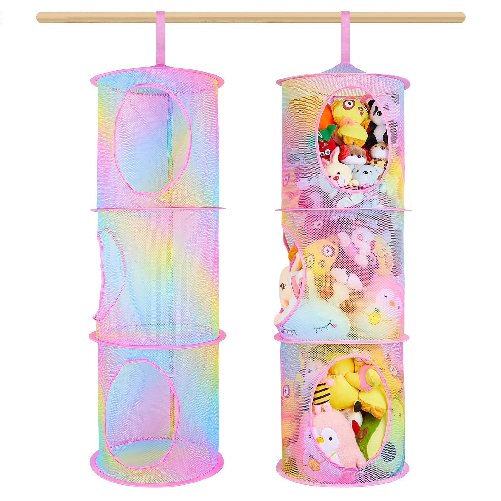 MHJY Toy Storage Suffed Animals Hammock 2 Pcs Hanging Mesh Net Foldable Large Soft Cuddly Plush Toy Organizer Unit Clothes Baskets Shelves for Kids Bedroom, 3 Tiers