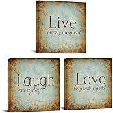 RnnJoile Teal and Brown Bathroom Decor Live Love Laugh Wall Decor Inspirational Pictures Wall Art Canvas Framed 12"x12" each