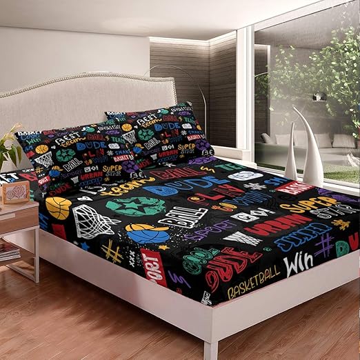 Amazon Com Boys Basketball Bedding Set Kids Sports Theme Fitted Sheet Set For Teens Bedroom Child Hippie Graffiti Bed Sheet Set Gift For Basketball Player Ball Decor 2 Pcs Twin Size Kitchen Dining
