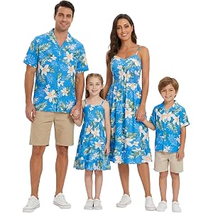 AWIBMK Hawaiian Family Matching Outfits Mother Daughter Tropical Dresses Father Son Shirts for Beach Vacation Luau Party