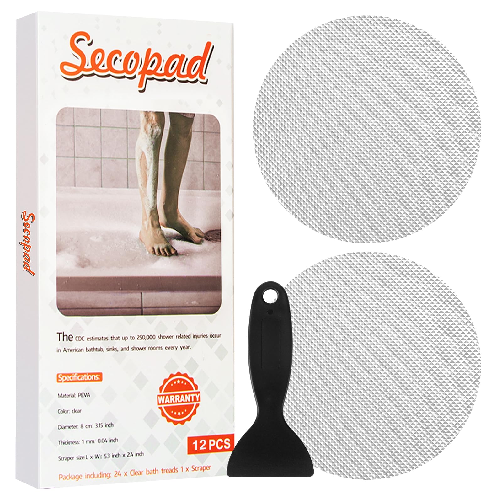 Secopad Original Bathtub Non-Slip Stickers for Tub & Shower Floor, Strong Anti-Slip Shower Stickers with Scraper Ideal for Families with Kids, Adults & Seniors, 12 PCS (Clear)