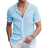 COOFANDY Short Sleeve Casual Button Up Shirts for Men Beach Vacation Shirt Knit Polo Shirts Clear Blue