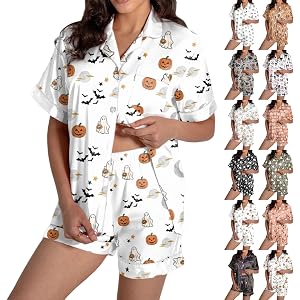 LVOFTJU Women Halloween Pajamas Sets Cute Funny Ghost Pumpkin Print Button Shirt Top Matching Shorts 2 Piece Pjs Set 2026