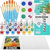 PLMMOUT Acrylic Paint Set, 32 PCS Painting Supplies,12 Colors Acrylic Paint Tubes(12ml,0.4 oz),with Paint Brushes,Canvas,Painting Palettes,Art Craft Paints Kit for Adults Artist Beginners