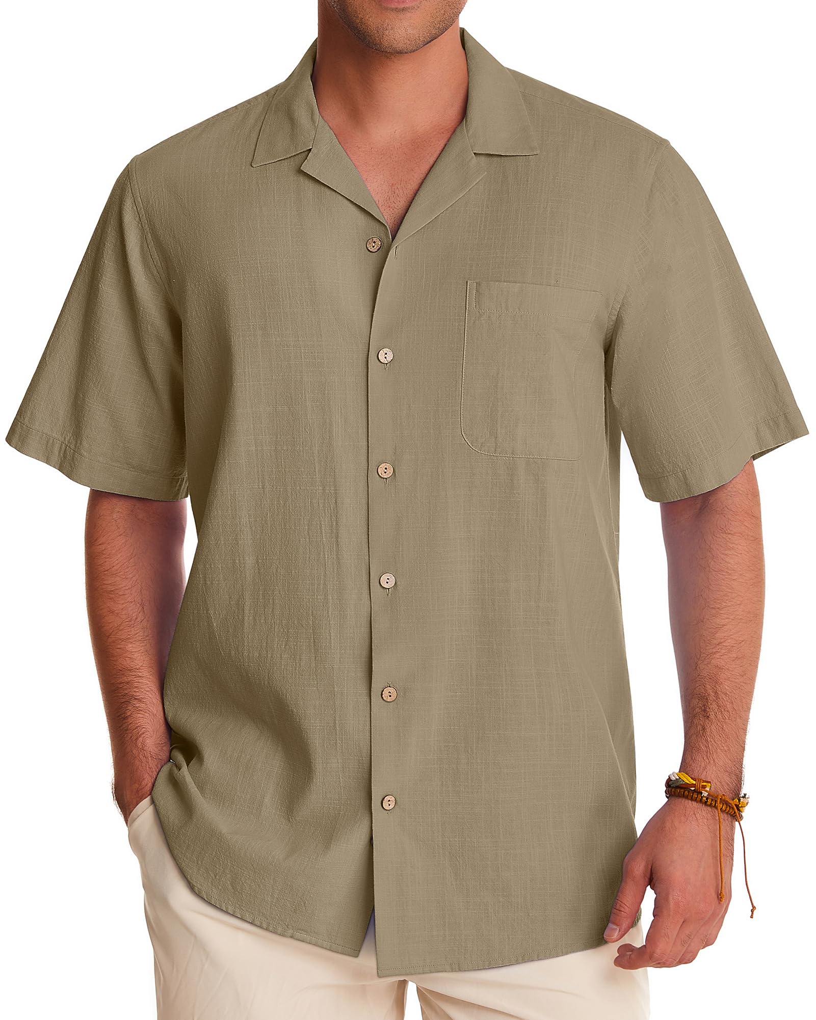 Photo 1 of Alimens & Gentle Mens Linen Shirts Short Sleeve Button Down Shirts Cotton Summer Beach Cuban Shirts Vacation Hawaiian Shirts Brown- L 