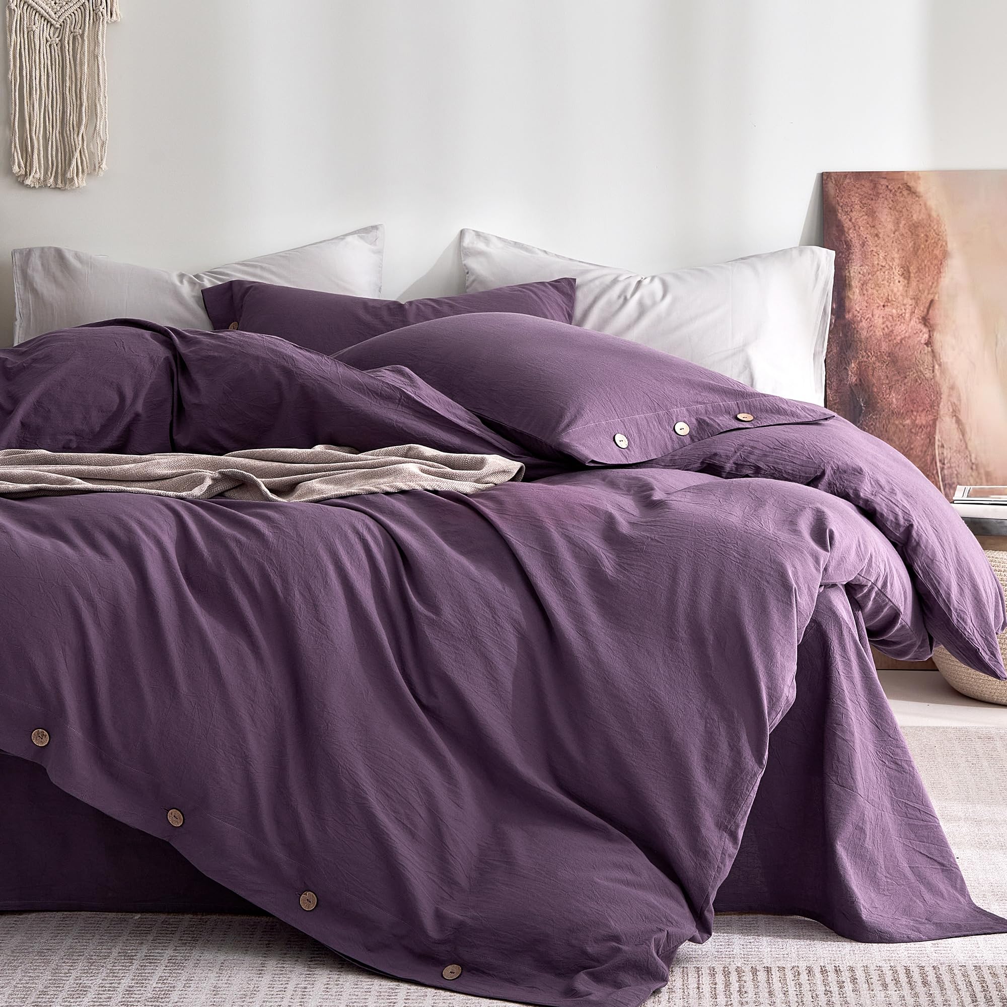 JELLYMONI 100% Washed Cotton Duvet Cover Twin – Soft, Breathable Linen-Look Bedding with Natural Wrinkle Texture, Button Closure, 2-Piece Set (Iris Purple, 68"x90")