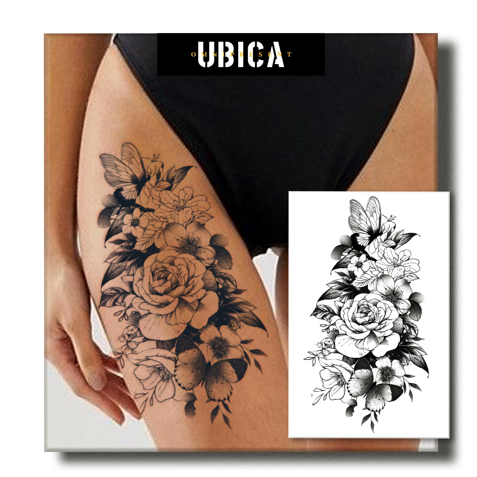 Photo 1 of UBICA 2 Sheets Semi Permanent Tattoos, Temporary Tattoo for Women, Lasts 7-15 Days Water-Resistant Fake Tattoo Stickers, Realistic Flower Design for Party (7.5x4.8 in), Non-Reflective & Safe for Skin