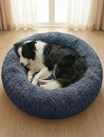 OKPOW Donut Dog Bed Calming Large Pet Bed Soft Plush 70cm Round