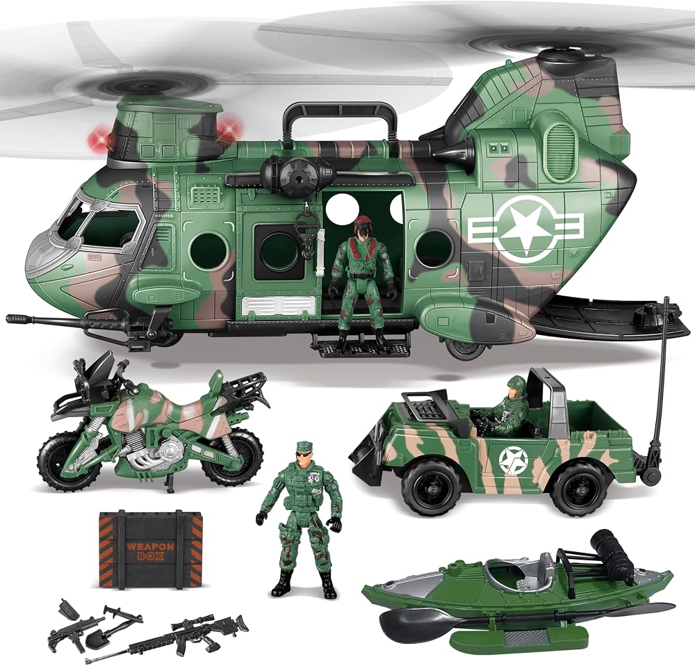 JOYIN Jumbo Military Transport Helicopter Toy Set w/ Truck, Kayak, Motorcycle,