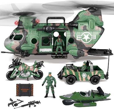 JOYIN Jumbo Military Transport Helicopter Toy Set w/ Truck, Kayak, Motorcycle,