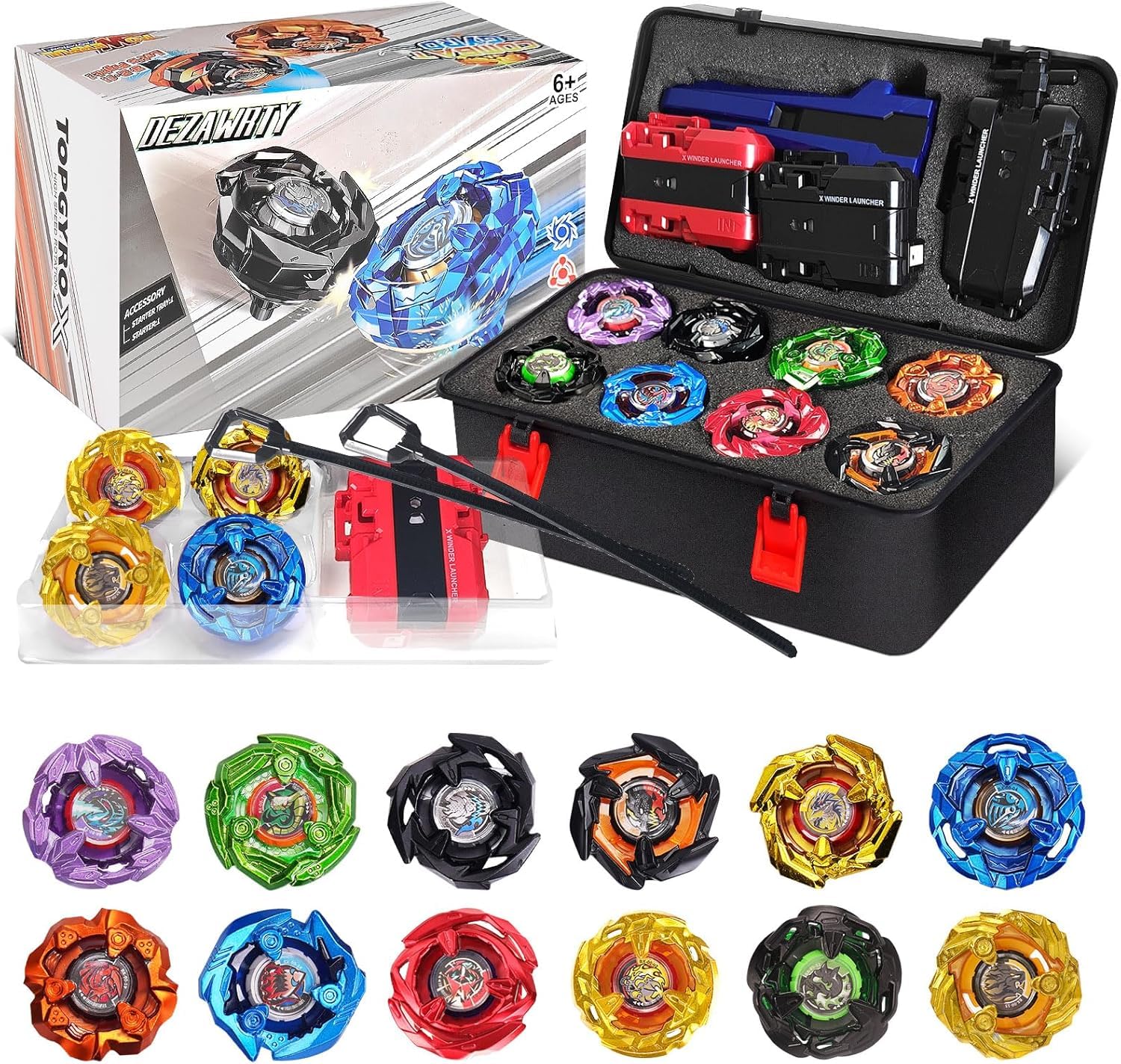 DEZAWRTY X Battling Set, 12 Spinning Tops, 3 Launchers and 1 Grip with Storage Box, Battle Gyro Pack with Portable Case, Kids Toys Birthday Gift Ideal for 6+ Years Old Boys