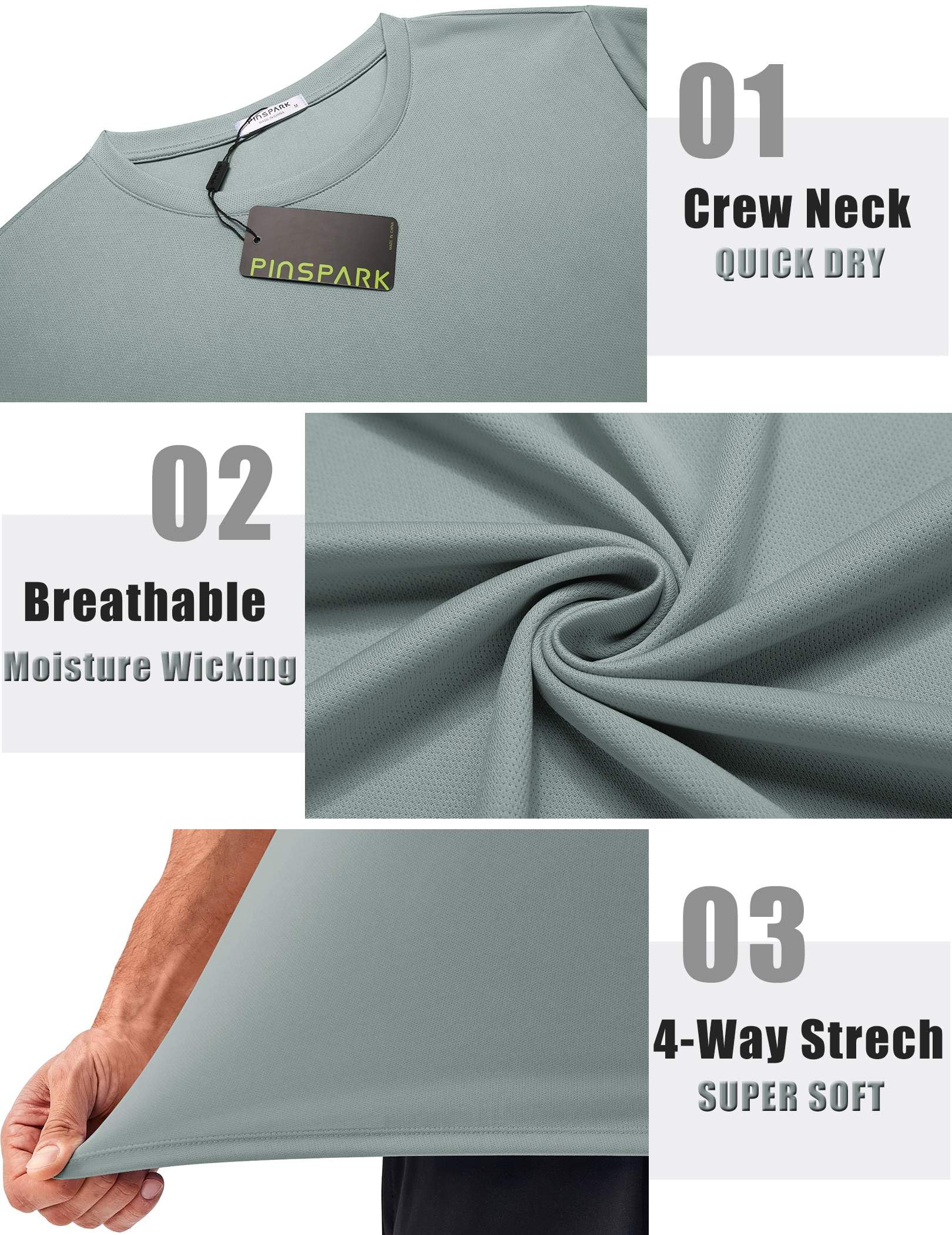 PINSPARK Men's 3 Pack Workout Shirts Quick Dry Moisture Wicking Crewneck Tee Shirt Mesh Athletic T-Shirts