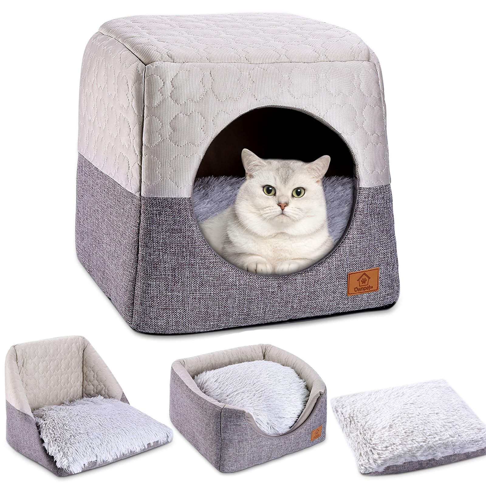 Ownpets Cat Bed for Indoor Cats, 3-in-1 Foldable Cat Cave Bed Cat Houses with Removable Washable Cushion Soft and Self Warming Cat Tent for Small Pets & Small Dogs, 35 * 35 * 32cm(Grey)