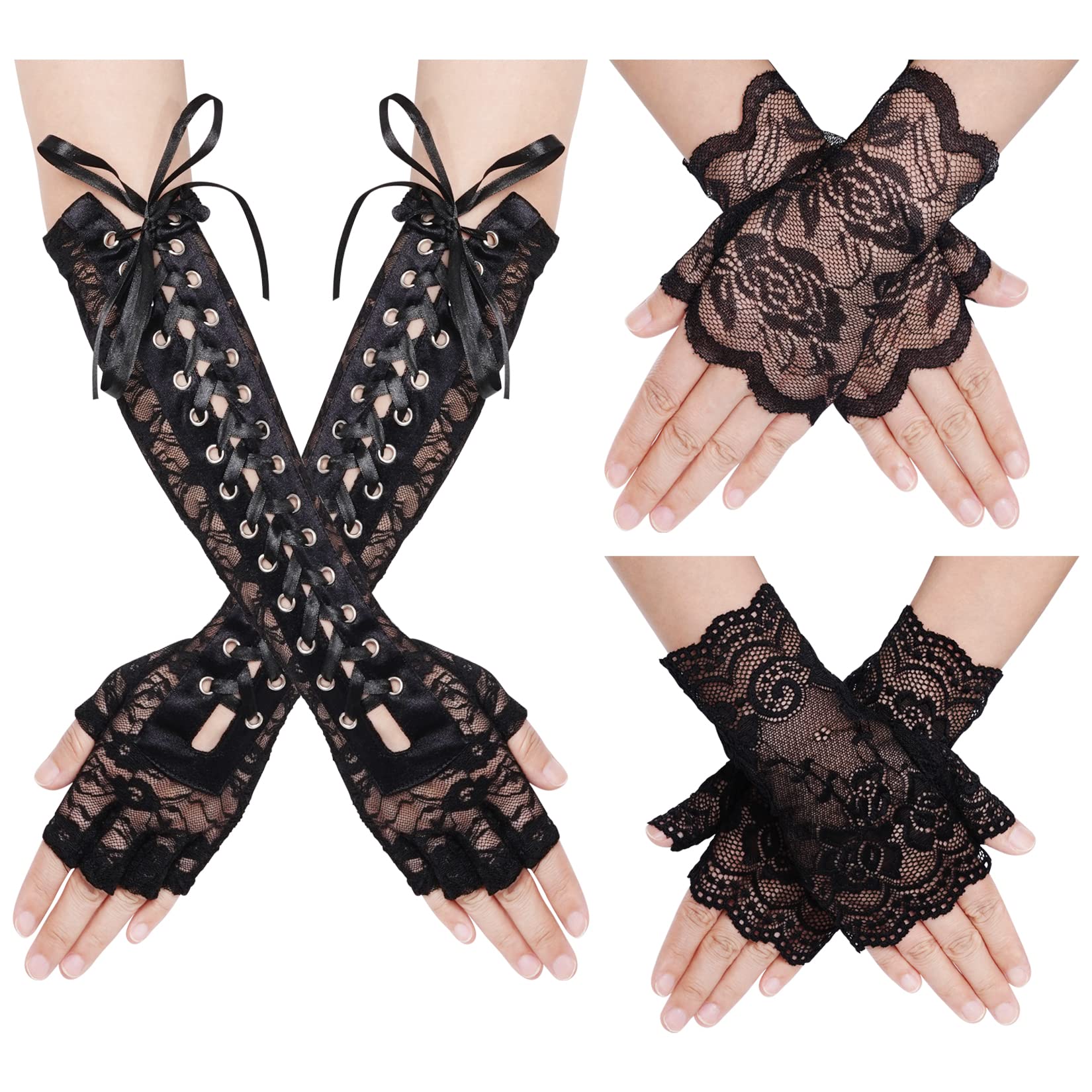 baotongle 3 Pairs Lace Fingerless Gloves Set Women's Long with Laces Opera Festival Party Elbow Laces Steam Punk Gloves for Fancy Dress Costume Wedding Masquerade Theme Party, black, One size