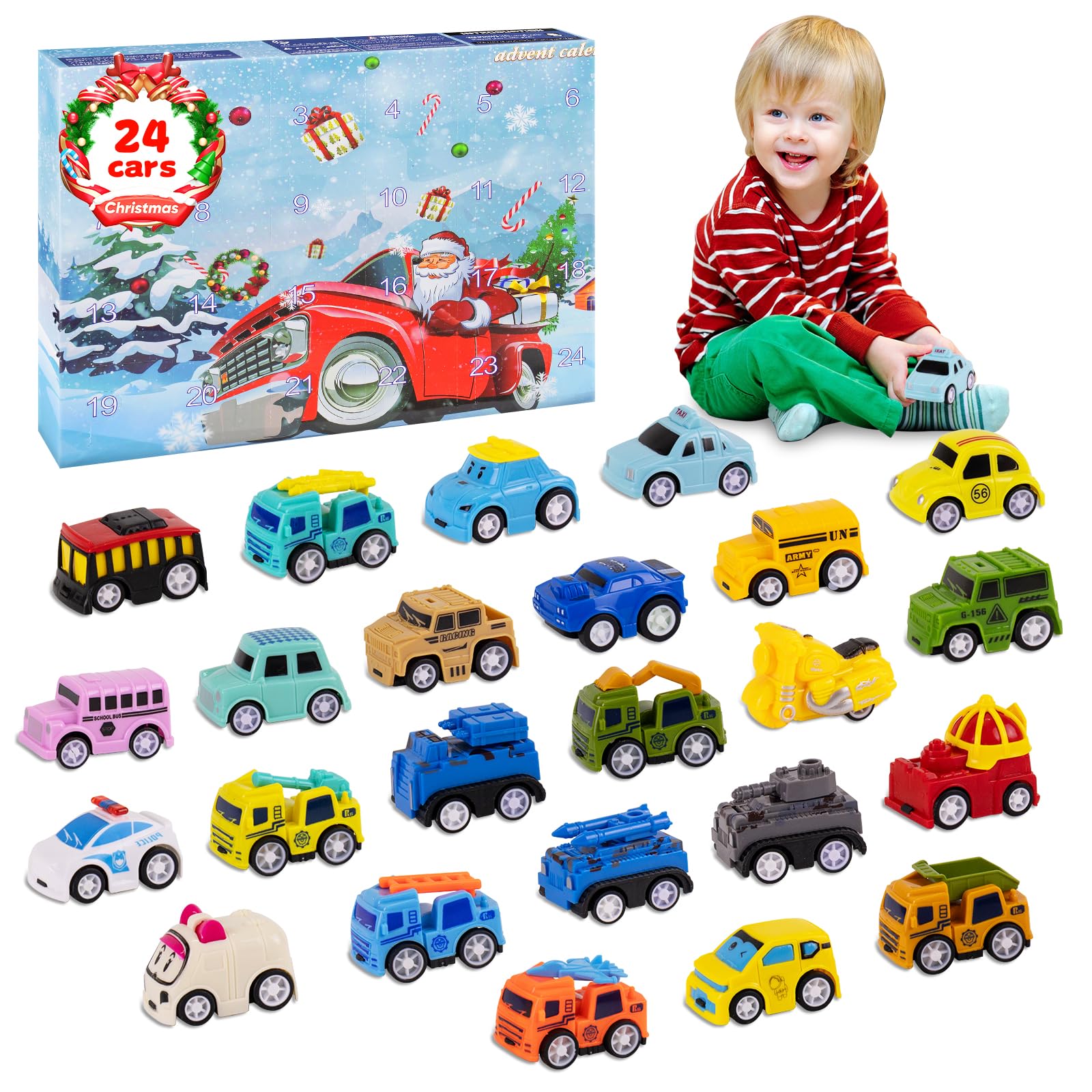 Advent Calendar 2026 Kids, 24 Days Christmas Countdown Calendar with Pull-Back Cars Vehicles, Surprise Xmas Car Gift for Advent Calendar 2026 Set for for Kids Toddlers Boys