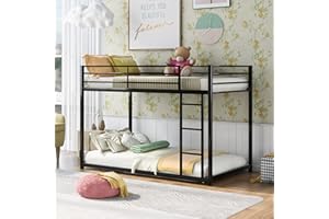 BOVZA Twin Over Twin Low Bunk Bed, Metal Bunk Bed Sturdy Steel Frame, Floor Bunk Bed with Heavy Duty Metal Slats Support for Kids Teens Adults, No Box Spring Needed, Black