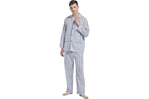 amaxer Mens 100% Cotton Pajamas Set Long Sleeve Pjs Button Fly Pants Soft Elastic Drawstring Waistband Bottoms