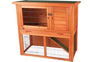 TRIXIE natura Outdoor Rabbit Hutch with Run - 2-Story Rabbit Cage with Non-Slip Ramp - Medium Elevated Small Animal House with Secure Playpen, Hinged Roof & Pull-Out Tray - in Brown